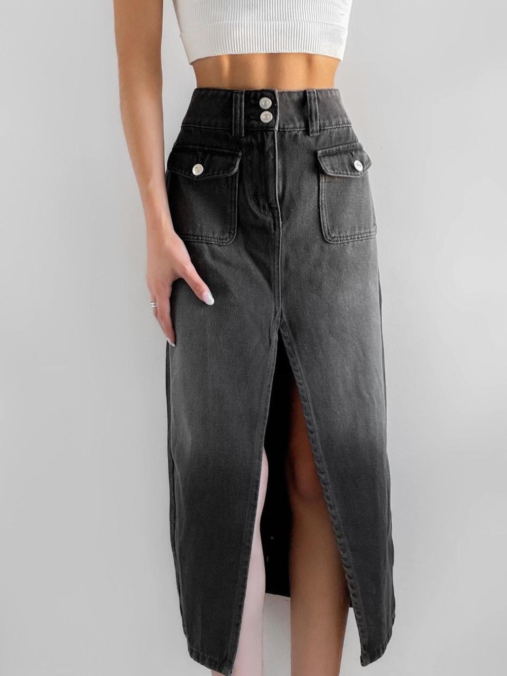 We The Free Black High-Rise Denim Midi Skirt with Front Slit